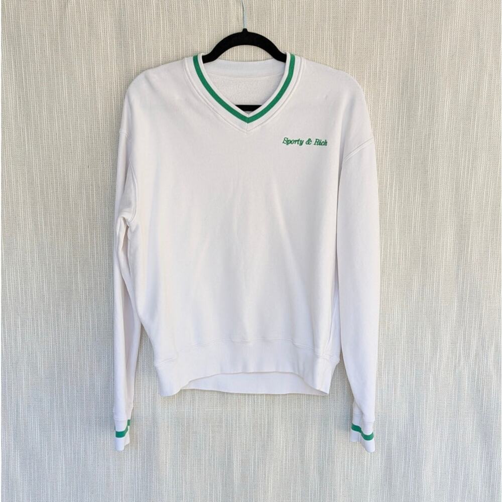 Sporty & Rich Women's White V-Neck Sweatshirt with Green Trim - Picture 2 of 7